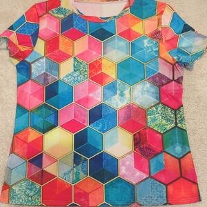 Sz M Colorful Geometric Pattern T-Shirt